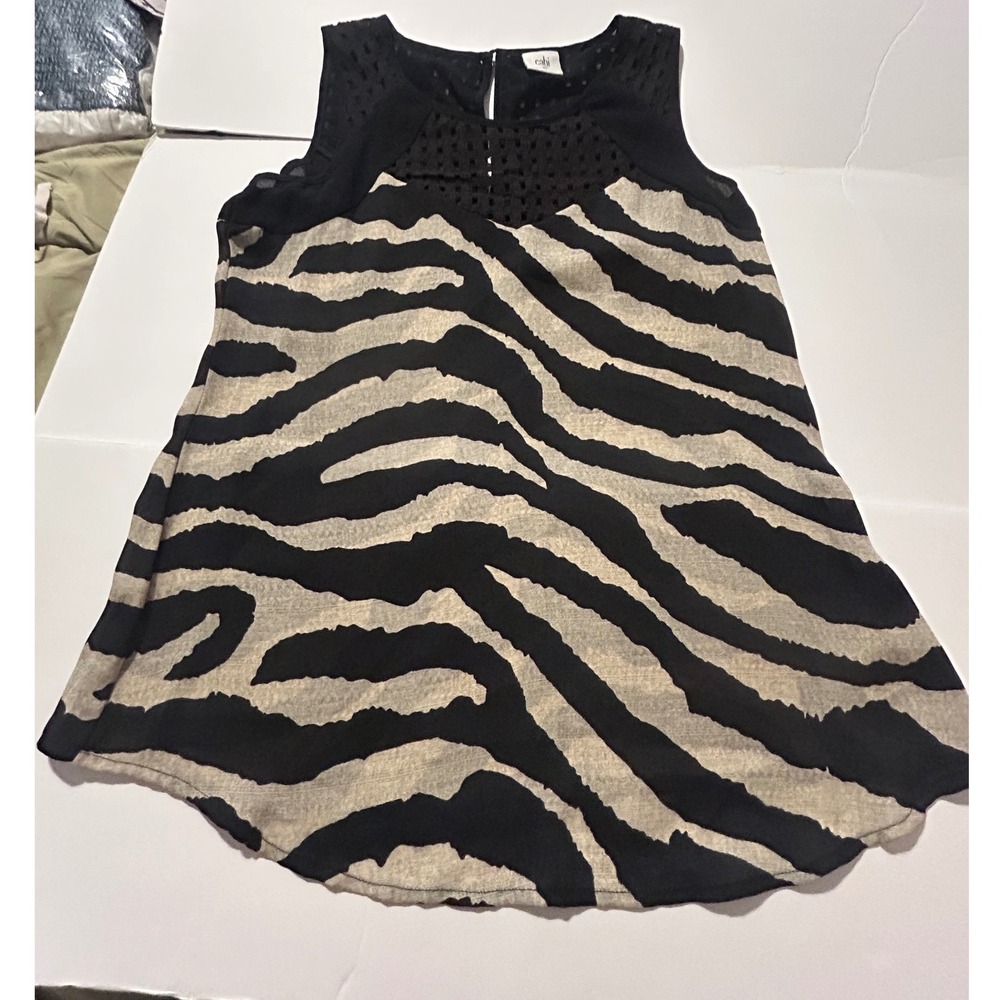 Cabi Zebra Print Sleeveless Blouse Black Tan Mesh Eyelet Yoke Top 5046 XS Women